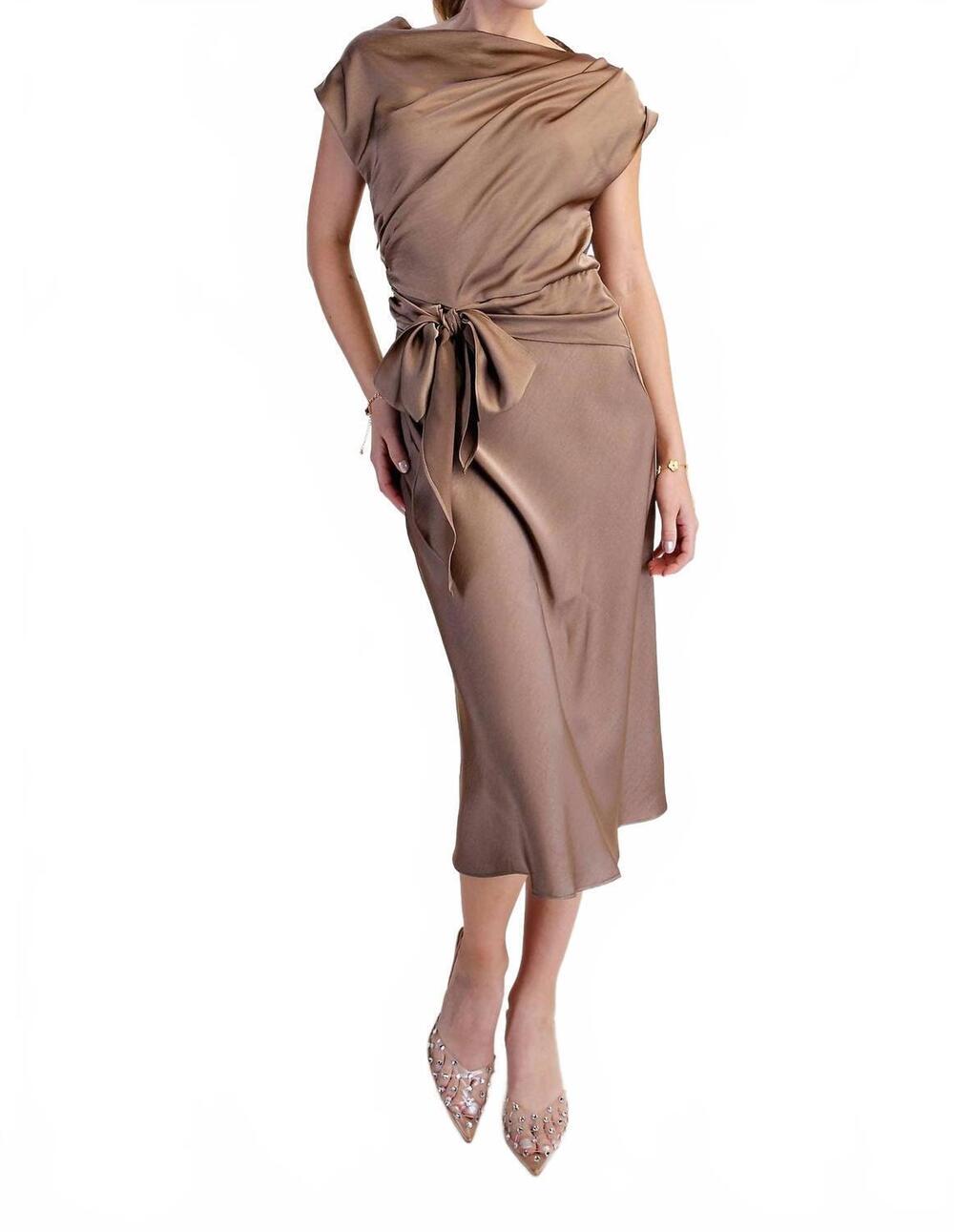 NEW GLAM asymmetrical waist tie midi dress in mocha